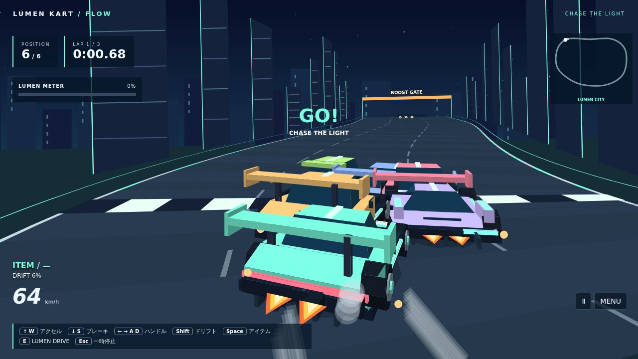 LUMEN KART — FLOW のプレイ画面。LUMEN CITYのネオンの街で、スタート直後に「GO!」の表示と6台のマシンが並んでいる